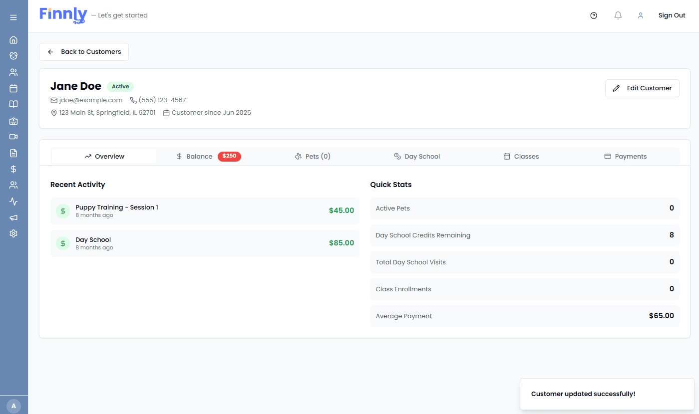 Finnly customer profile showing activity and stats